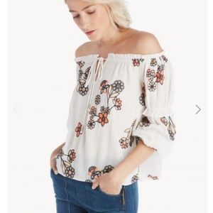 JOA Los Angeles off the shoulder embroidered top